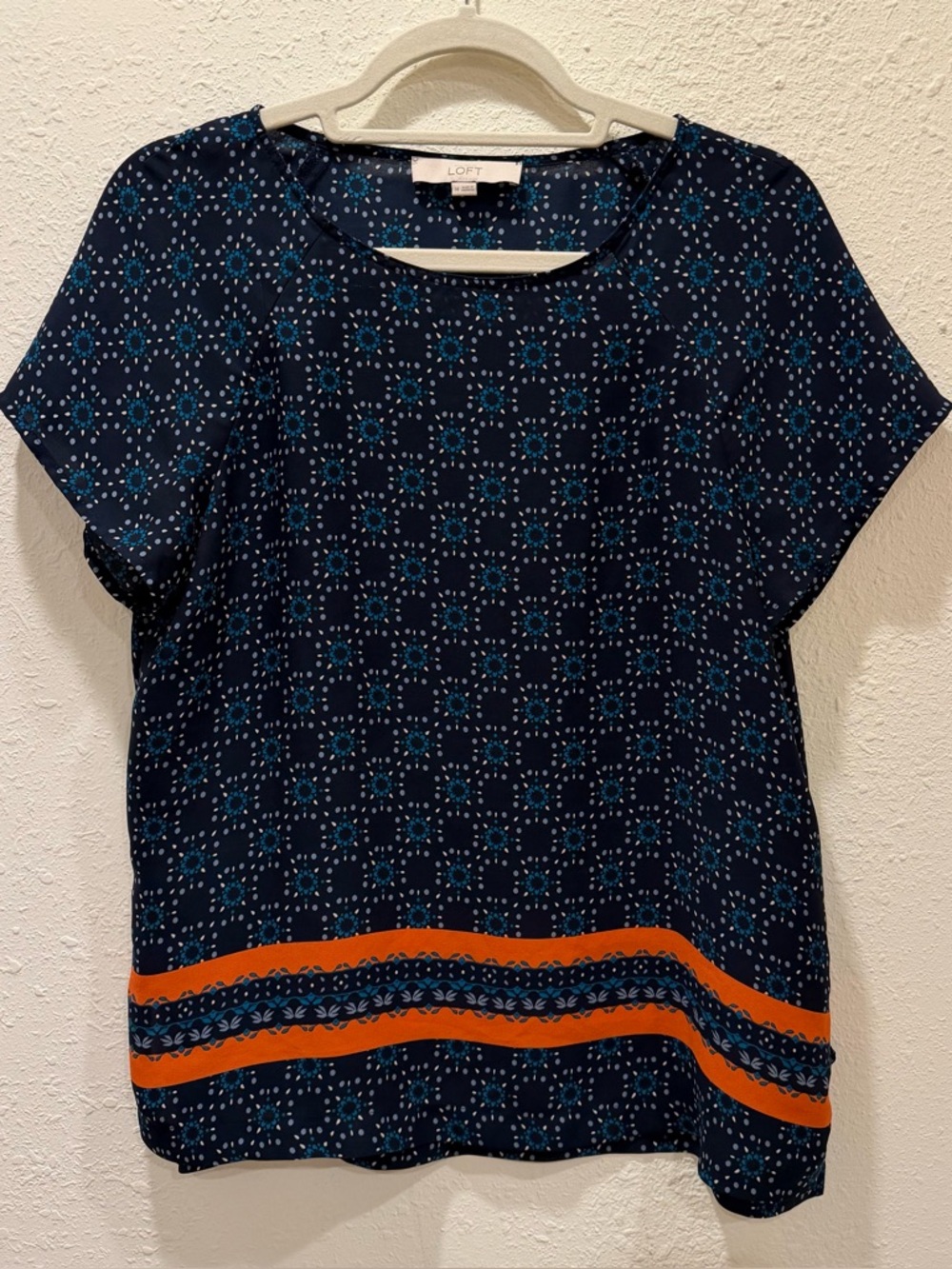 LOFT Navy Blue Short Sleeve Patterned Top with Orange Stripes